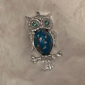 Silver Owl Pendant with Blue Gemstone